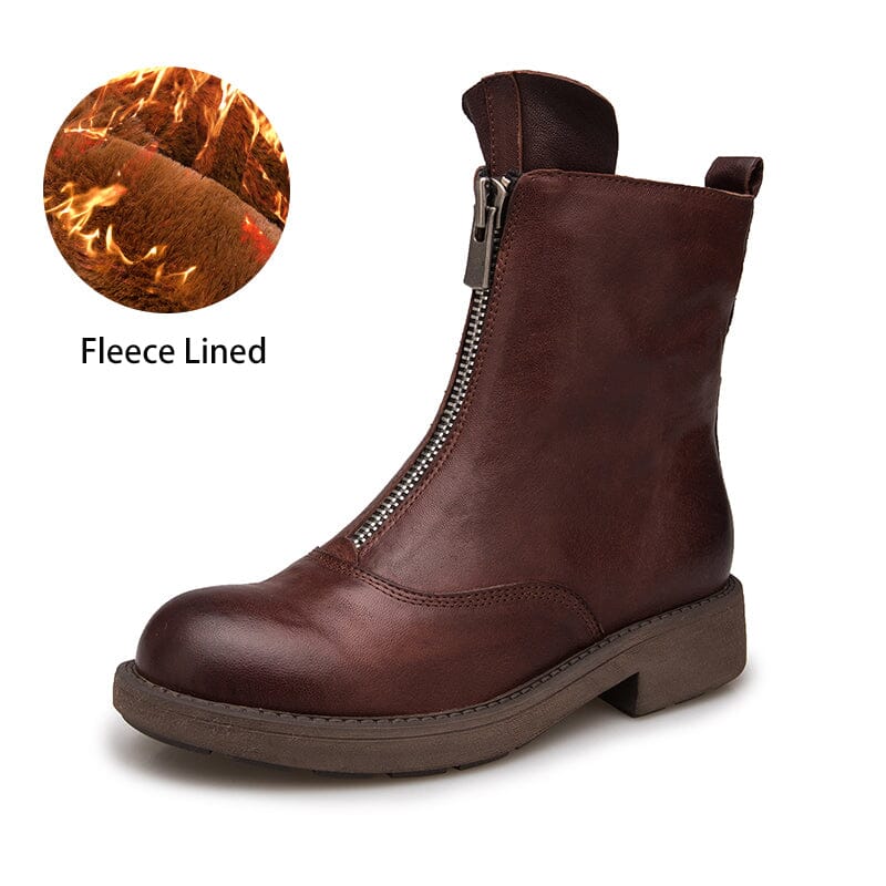 Leather Ankle Boots Comfortable Walking Round Boots Up Zip in Brown/Black