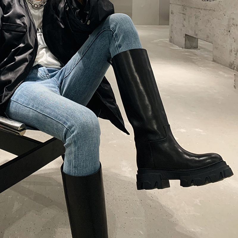Riding Boots for Women in Black/White/Grey Leather - Chunky Sole Tall Boots Platform Boots