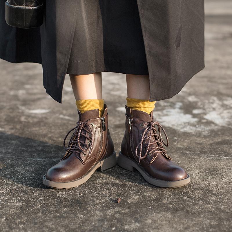 Waxing Sheepskin Leather Combat Boots Lace Up Boots Black/Coffee