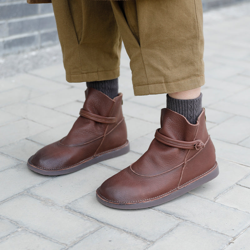 Retro Genuine Leather Soft Flat Boots For Women Round Toe Mori Girl Style Brown/Coffee