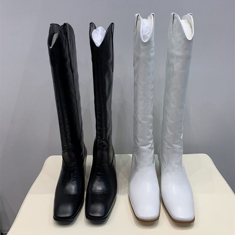 Cowboy Boots Women Handmade Genuine Leather in Black/Beige - HIGH WESTERN BOOTS Side Zipper