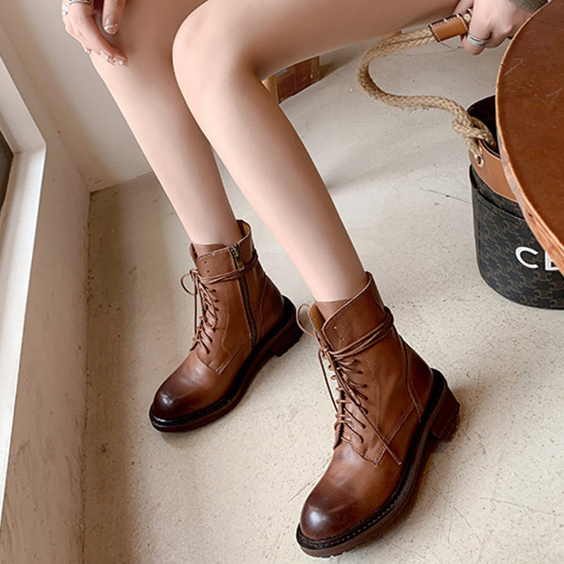 Cow Leather Combat Boots Designer Retro Chunky Lace up Boots Back Zip Brown/Black