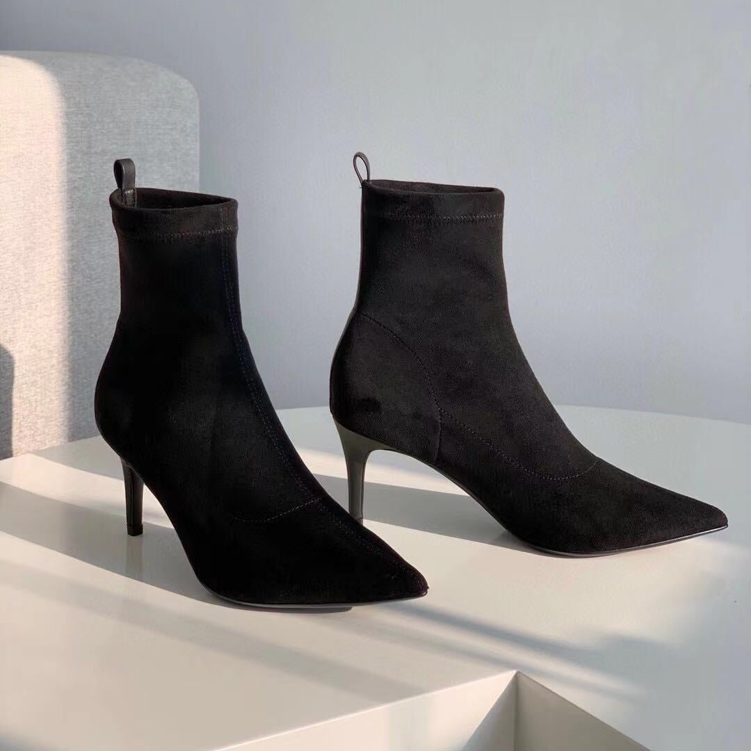 Classic Point Toe Sock Boots High Heel Stretch Boots Elastic Suede Handmade Black/Brown
