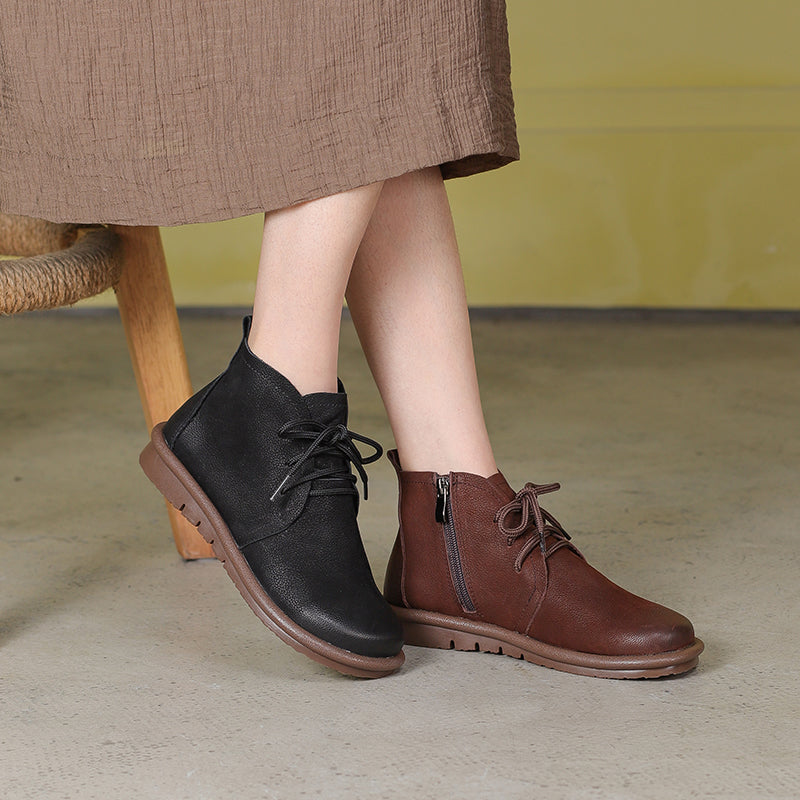 Handmade Soft Leather Ankle Boots Retro Round Toe Short Boots Women Mori Girl Boots