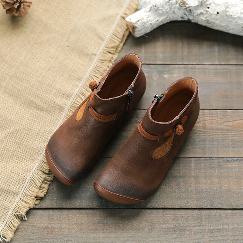 Women Calf Leather Ankle Boots Round Toe Flat Lace-Up Boots White/Brown/Coffee