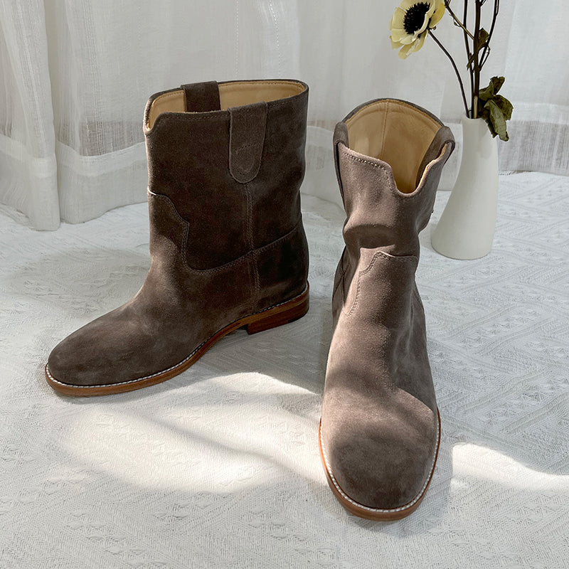 Womens Suede Leather Mid Calf Western Cowboy Boots In Black/Khaki/Brown/Grey