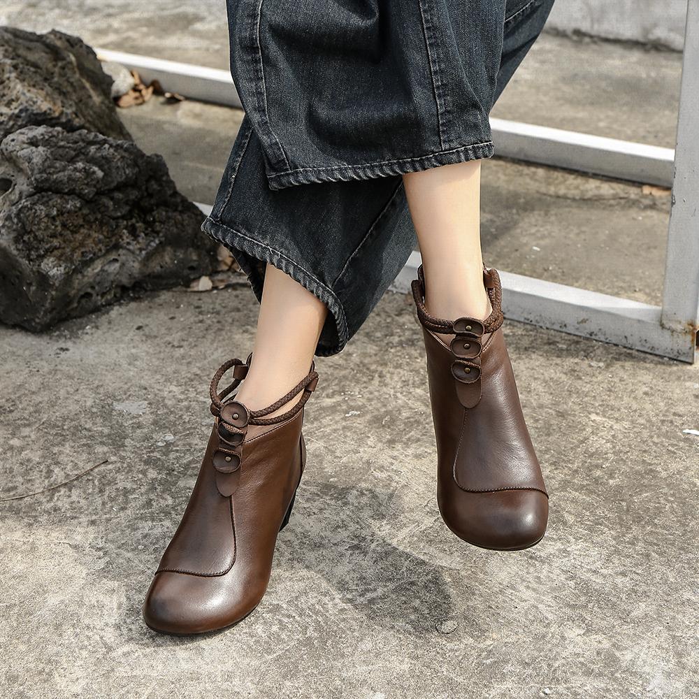 Retro Round Toe Women Ankle Boots Block Heels Back Zipper Coffee/Black