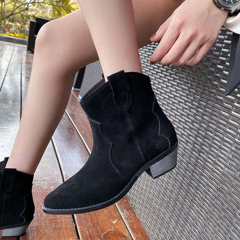 Western R Toe Cowgirl Boots Chelsea Boots Handmade Genuine Leather Ankle Boots in Black/Khaki/Apricot