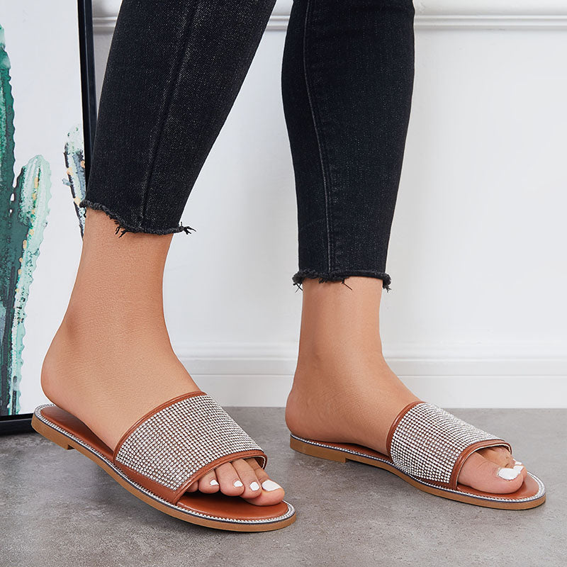 Rhinestone Slip on Flat Slide Sandals Glitter Open Toe Casual Slippers