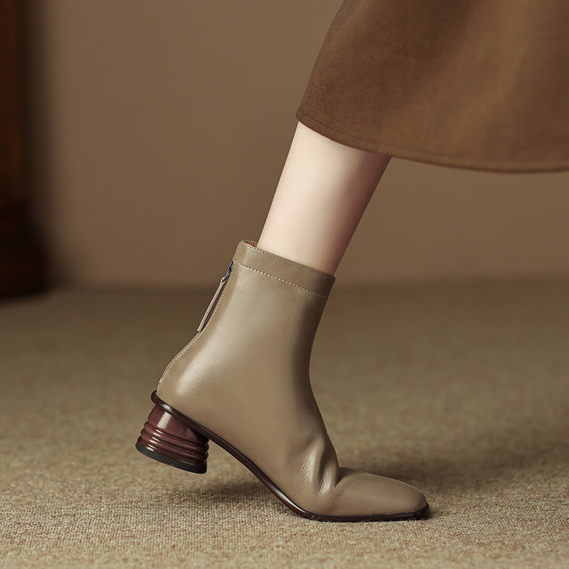 Classic Elegant Chelsea Boots Mid Heel Back Zipper Stretch Boots Square Toe Sock Boots White/Khaki