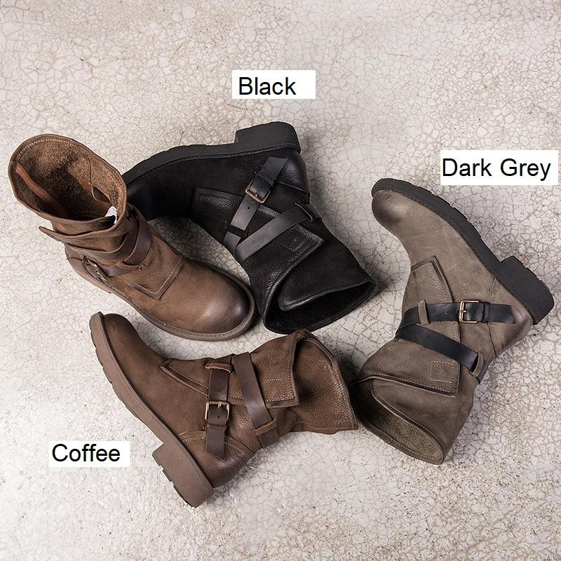 Womens Retro Leather Mid Calf Boots for Winter Buckles Boots in Coffee/Black/Grey/Deep Grey