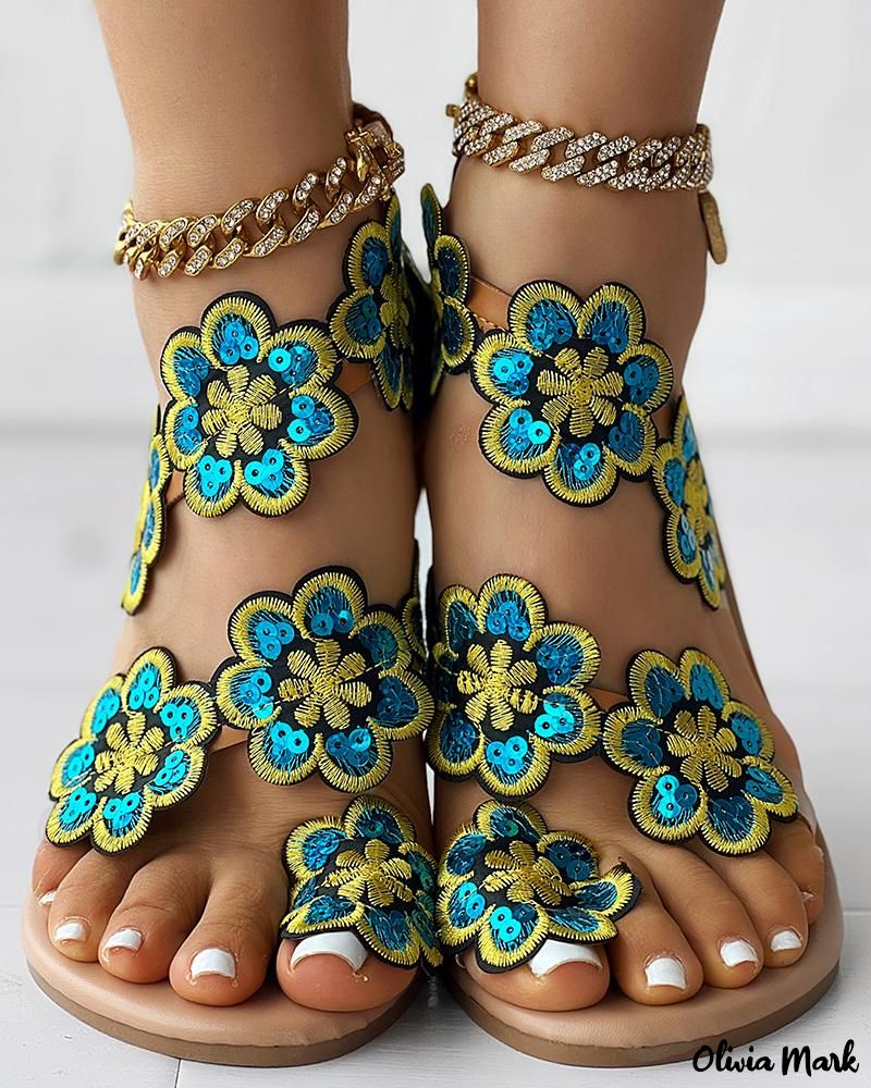 Floral Pattern Toe-Ring Flat Sandals