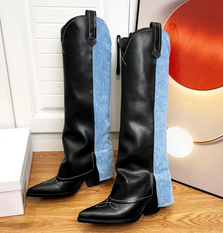 Wide-Shaft Wedge Leather Boots Riding Boots for Women In Black/Blue - Foldover Leather Tall Boots