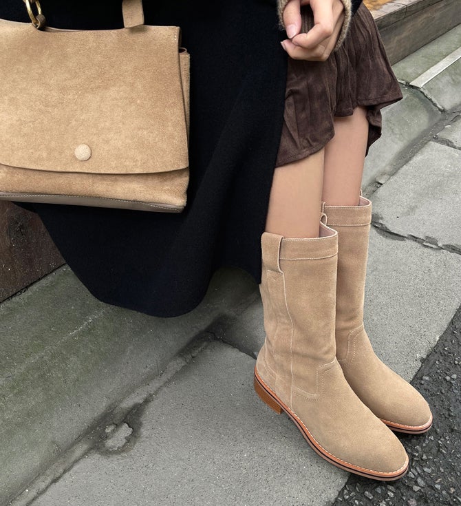 Womens Suede Leather Mid Calf Boots In Black/Khaki