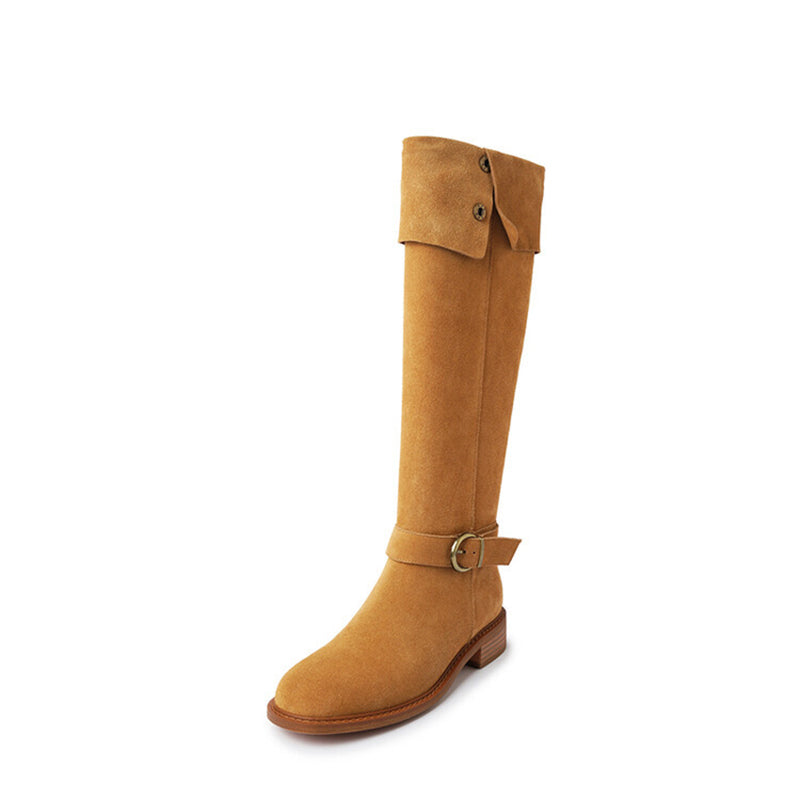 Womens Suede Leather Knee High Boots 75mm Block Heel In Black/Apricot
