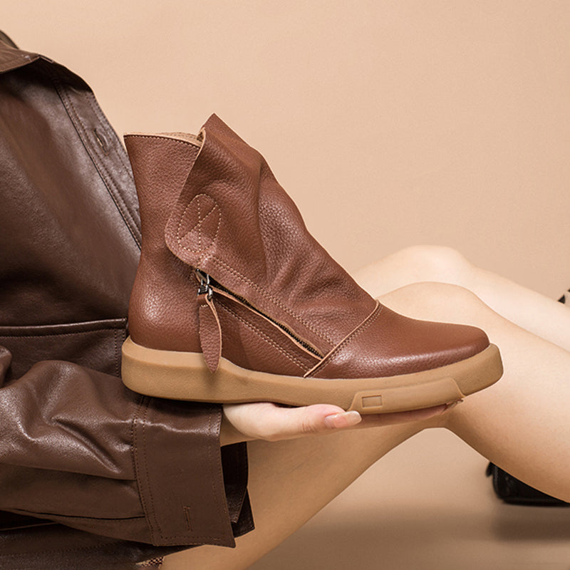 Soft Cowhide Leather Zip Boots Retro Women Chunky Ankle Boots Black/Coffee/khaki