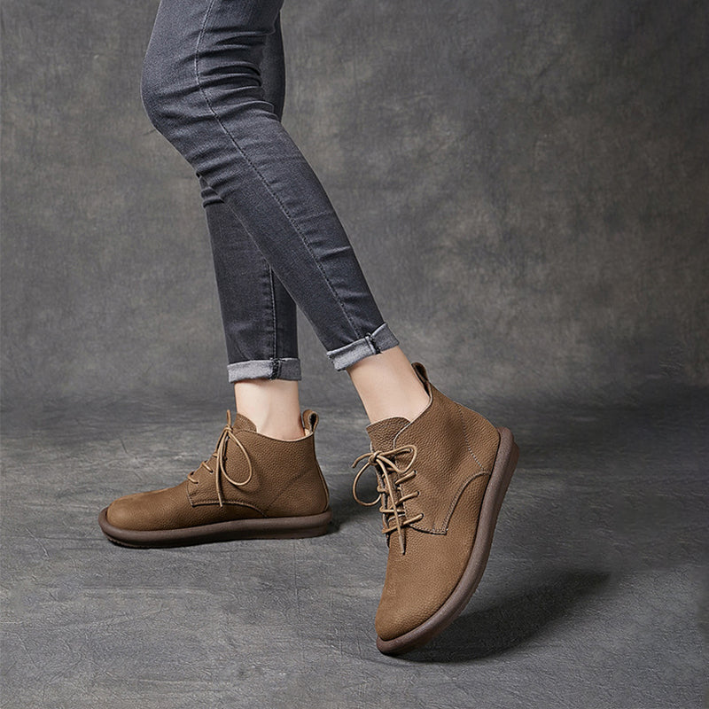 Handmade Leather Lace Up Ankle Boots For Women Soft Short Boots in Khaki/Coffee/Green