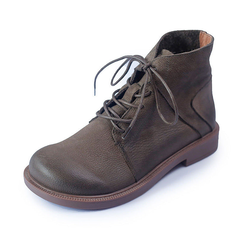 Wide Toes Handmade Genuine Leather Boots Lace-Up Combat Boots Retro Chunky Ankle Boots