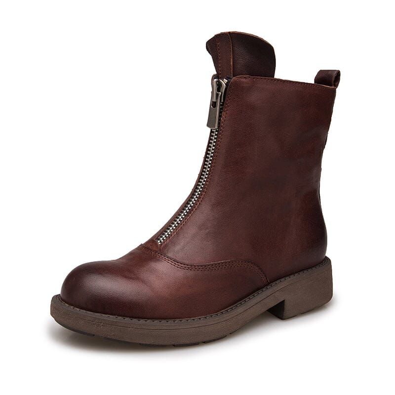 Leather Ankle Boots Comfortable Walking Round Boots Up Zip in Brown/Black