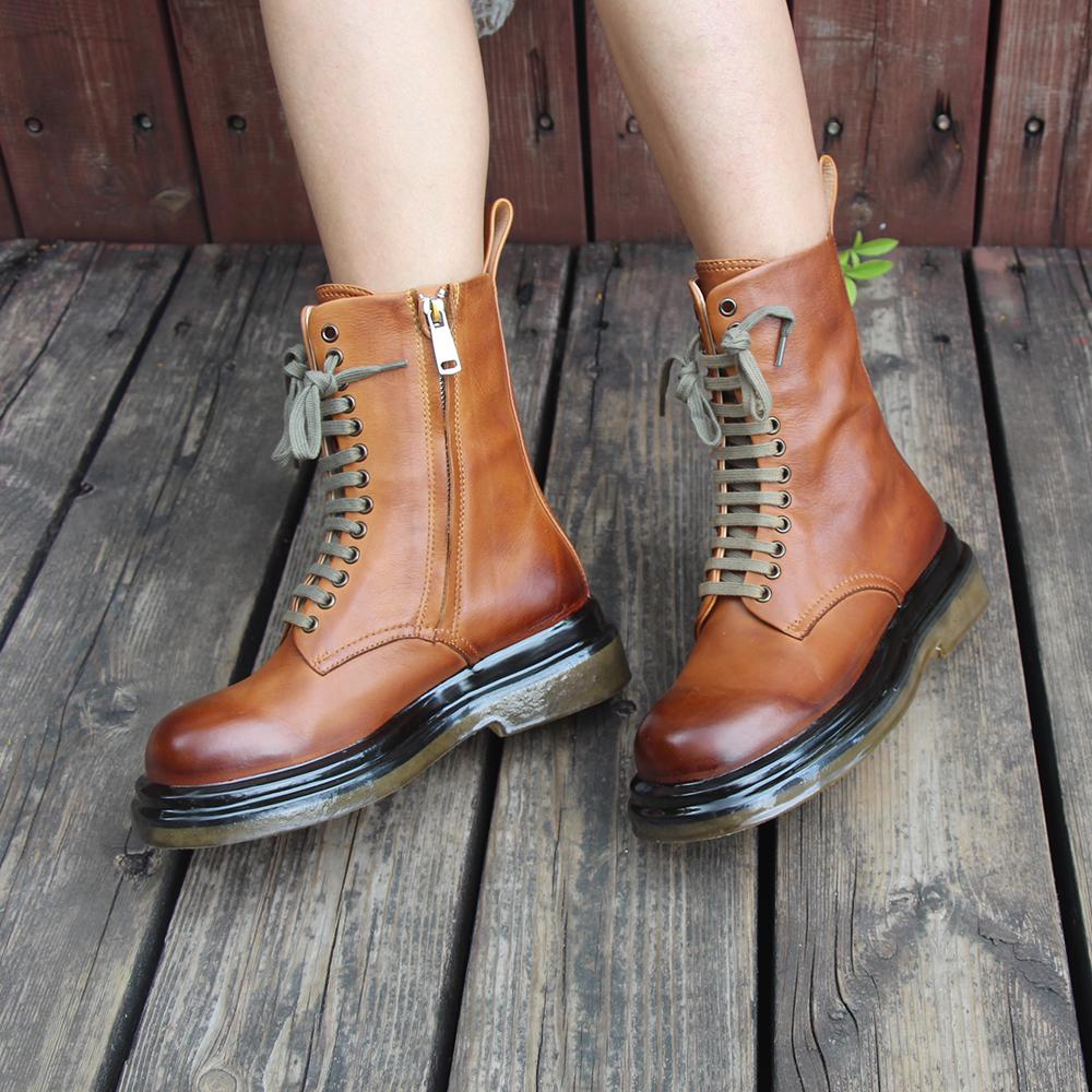 Retro Short Boots Handmade Genuine Leather Boots Women Biker Boots Lace-Up Combat Boots Chunky Ankle Boots 2020 Winter Boots Camel