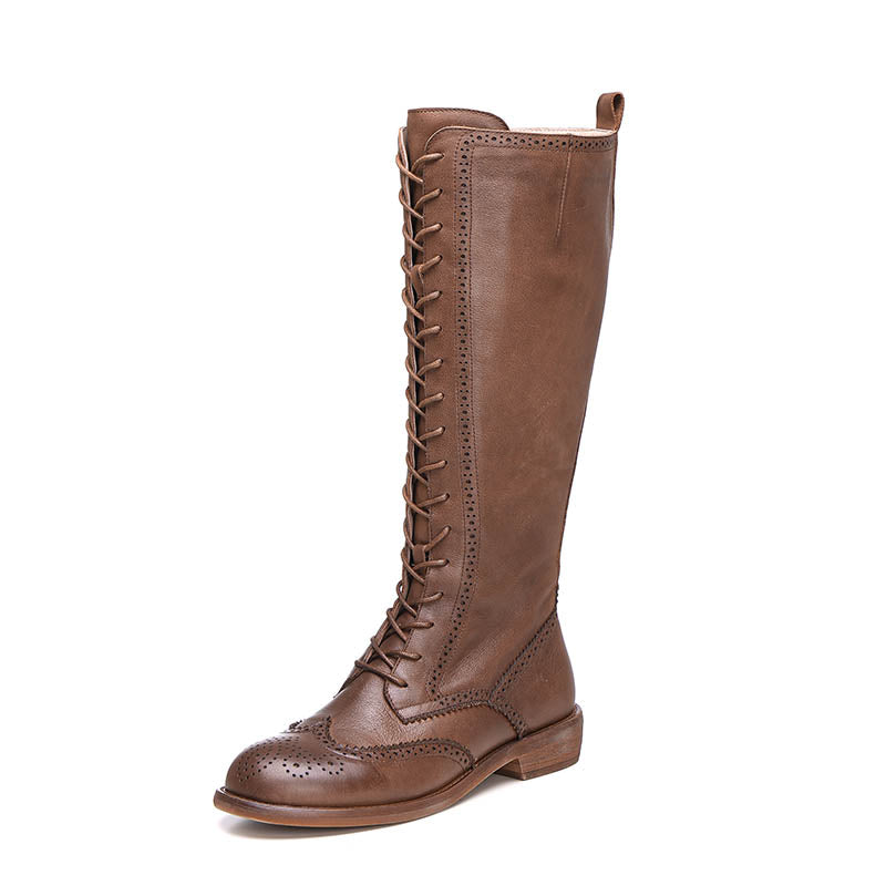 Handmade Wingtip Lace up Leather Knee High Boots Side Zip Riding Boots Short Plush Lining in Black/Coffee