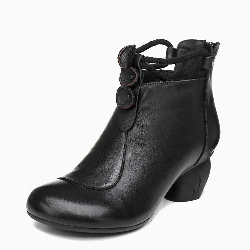 Retro Round Toe Women Ankle Boots Block Heels Back Zipper Coffee/Black