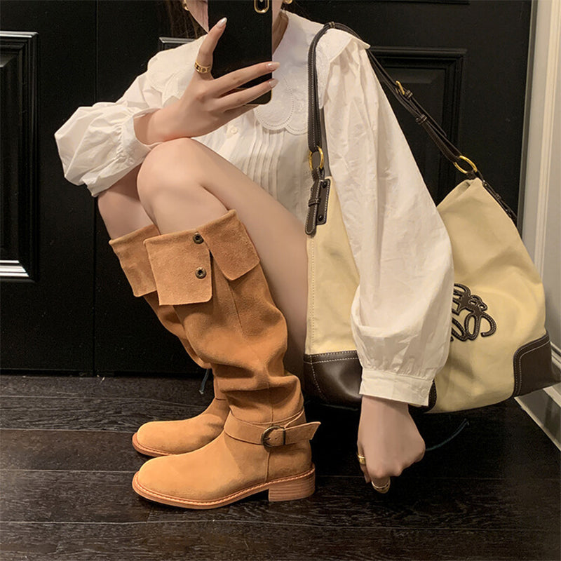 Womens Suede Leather Knee High Boots 75mm Block Heel In Black/Apricot