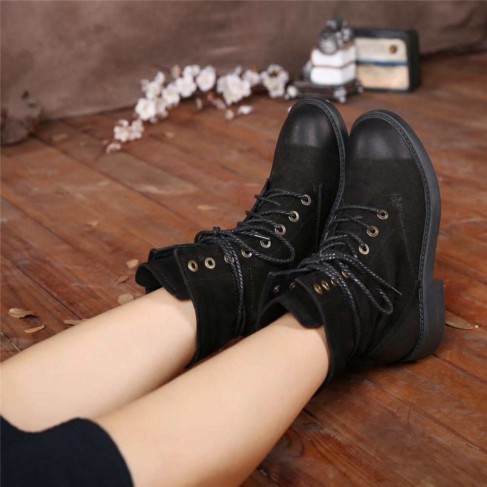 Women Retro Leather Lace Up Combat Boots Black/Brown/Khaki
