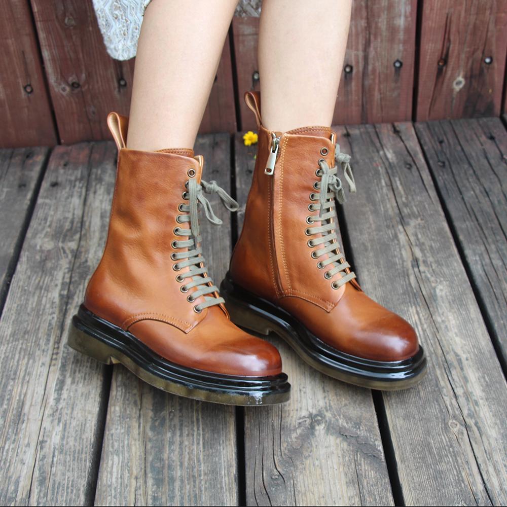 Retro Short Boots Handmade Genuine Leather Boots Women Biker Boots Lace-Up Combat Boots Chunky Ankle Boots 2020 Winter Boots Camel