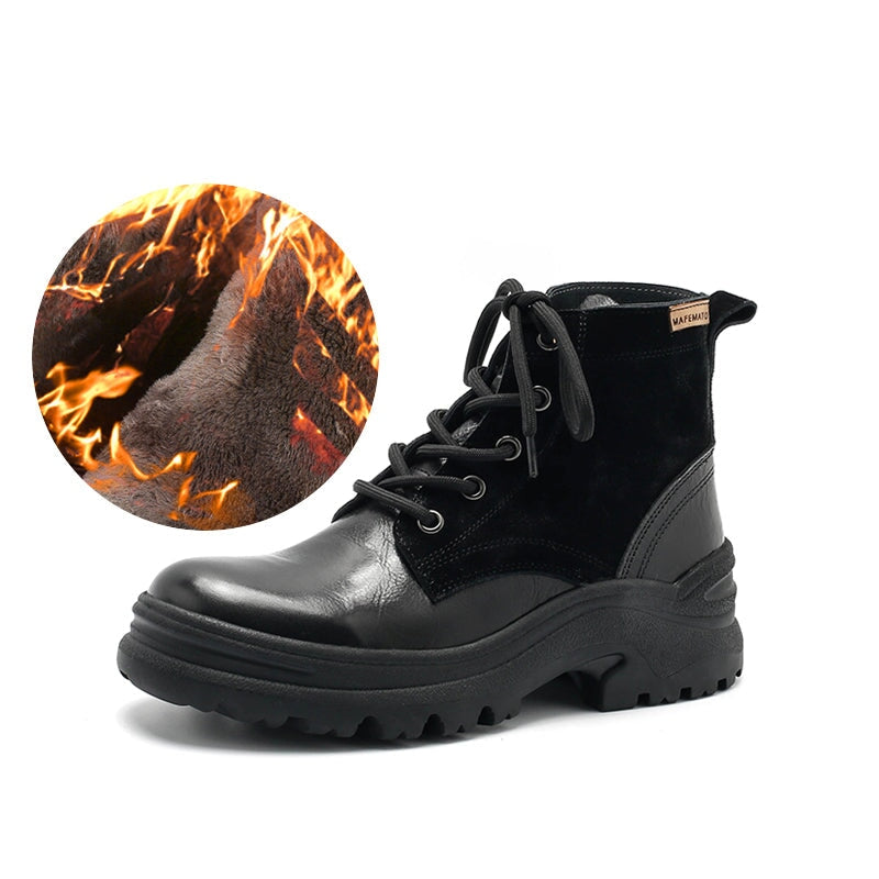 Leather Boots Designer Retro Chunky Riding Boots Handmade in Black/Black Short Plush
