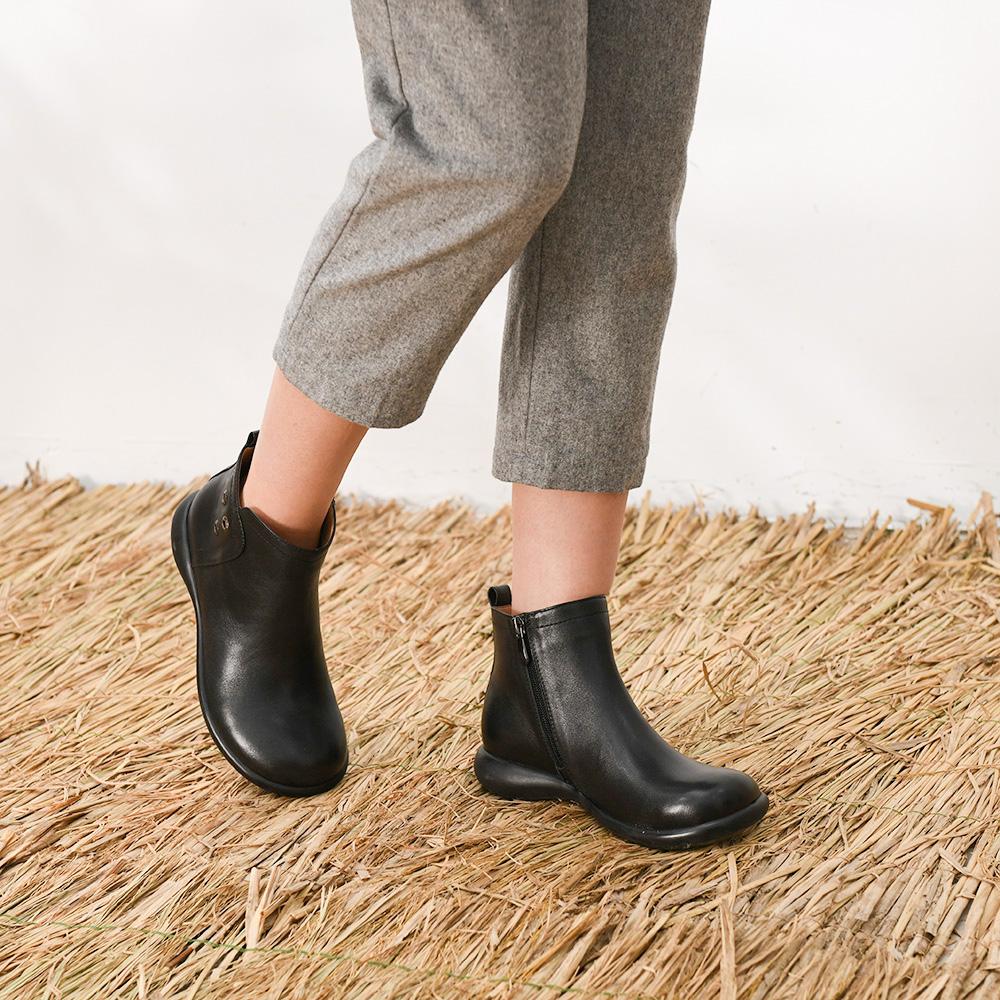 Womens Retro Leather Short Boots for Winter Black/Blue