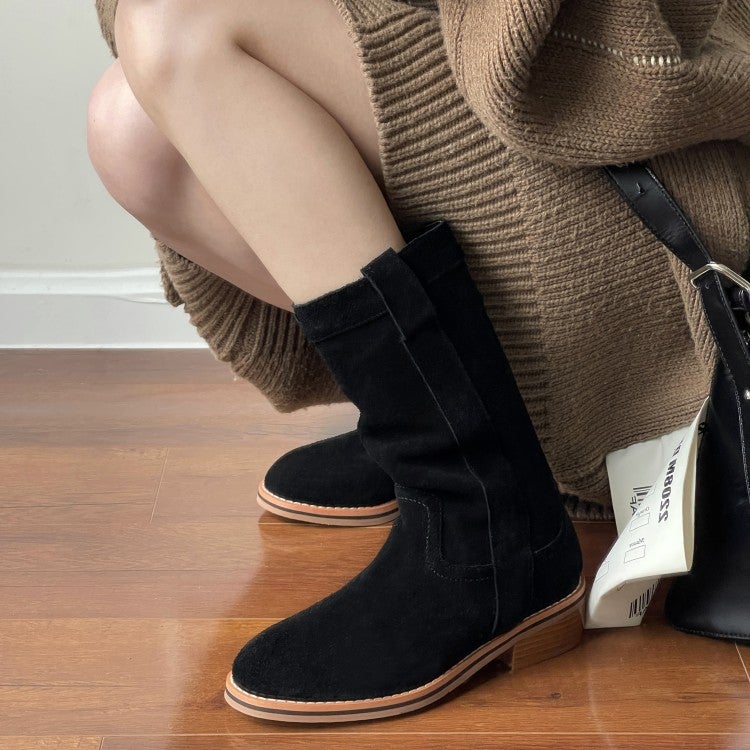 Womens Suede Leather Mid Calf Boots In Black/Khaki