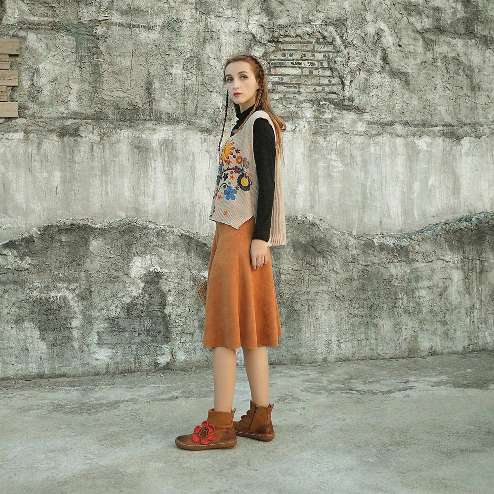 Women'S Genuine Leather Chelsea Boots With Handmade Flowers Gray/Camel