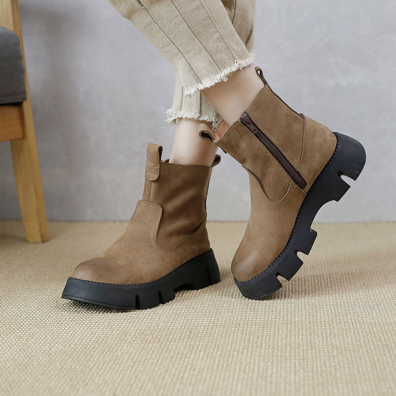Retro Cowhide Chunky Boots Women Comfy Zip Walking Boots Gray/Apricot