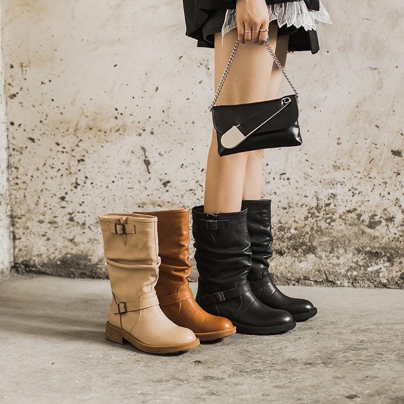 Waxing Leather Mid Calf Boots Fold Design Riding Boots Short Plush Lined Or Leather For Choice Apricot/Brown/Black