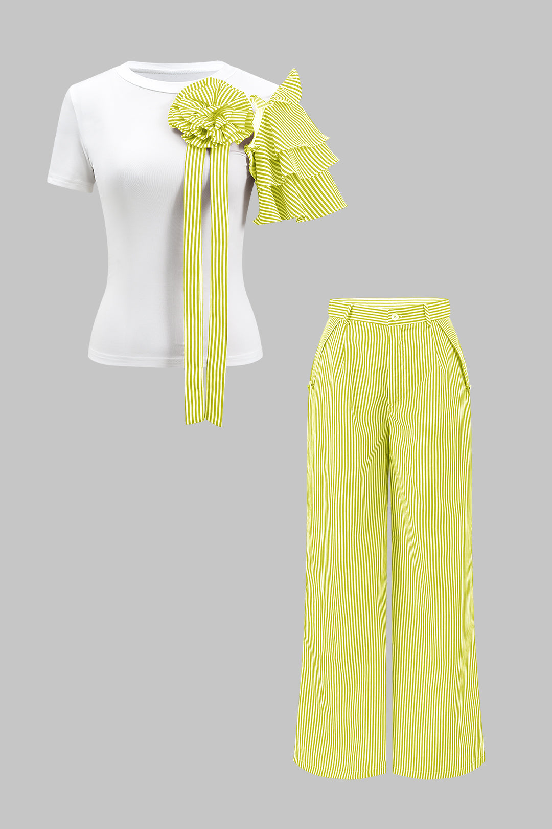 Stripe Print 3D Floral Short Sleeve Top And Button Wide Leg Trousers Set