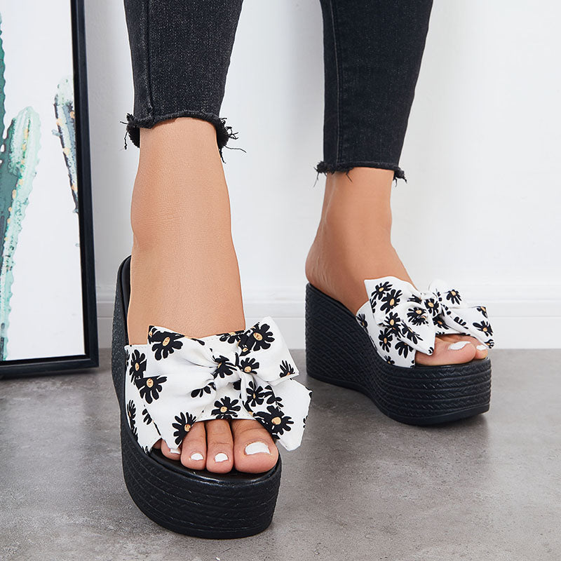 Platform Wedge Sandals Bowknot Slides Casual Open Toe Slip on Dress Slippers