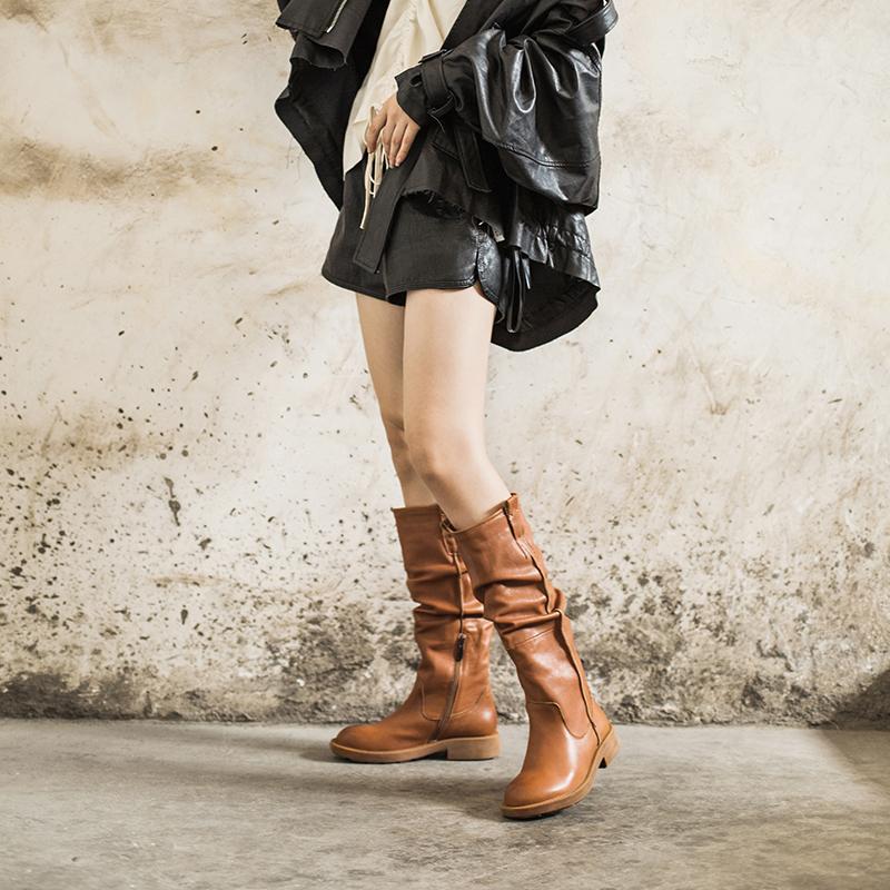 Waxing Leather Knee High Boots Fold Design Riding Boots Black/Brown
