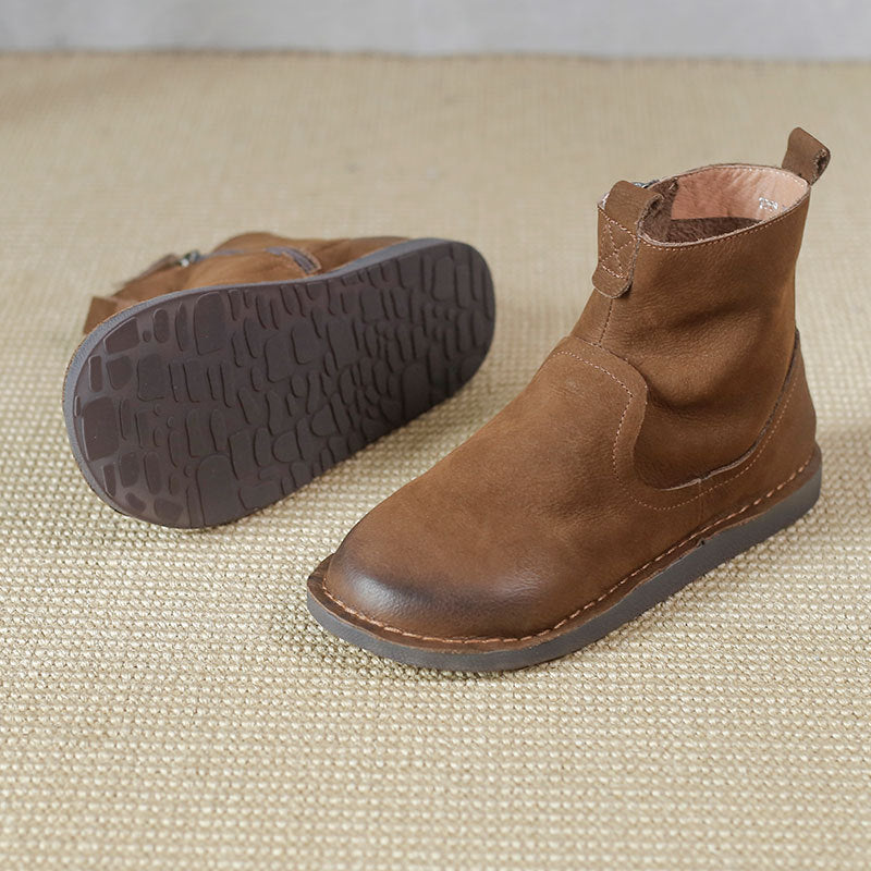 Retro Cowhide Boots Women Comfy Zip Walking Boots Brown/Coffee