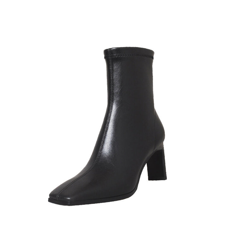 Classic Square Toe Sock Boots High Heel Stretch Boots Elastic Leather Handmade Black/Brown/Green