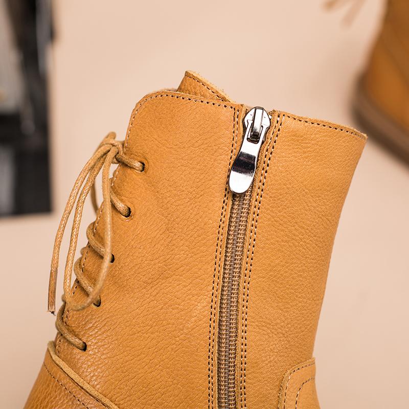 Leather Boots Designer Retro Chunky Riding Back Lace Handmade Coffee/Black/Yellow