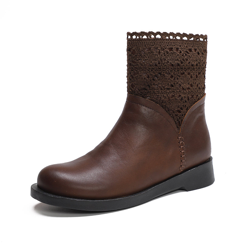 Handmade Women's Leather Boots Retro Fashionable Knit Spliced Flat Boots Black/Coffee