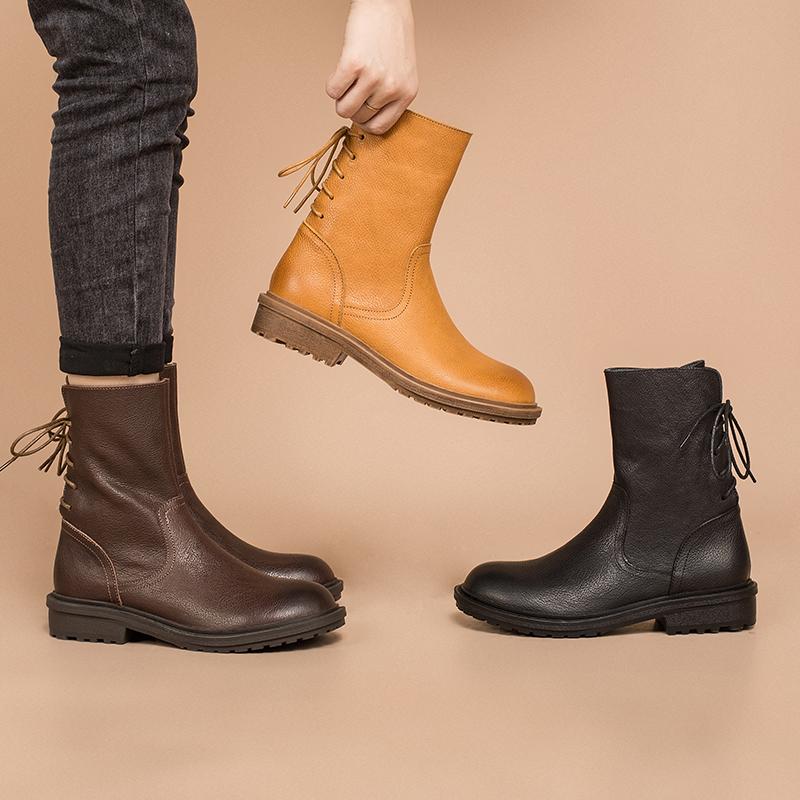 Leather Boots Designer Retro Chunky Riding Back Lace Handmade Coffee/Black/Yellow