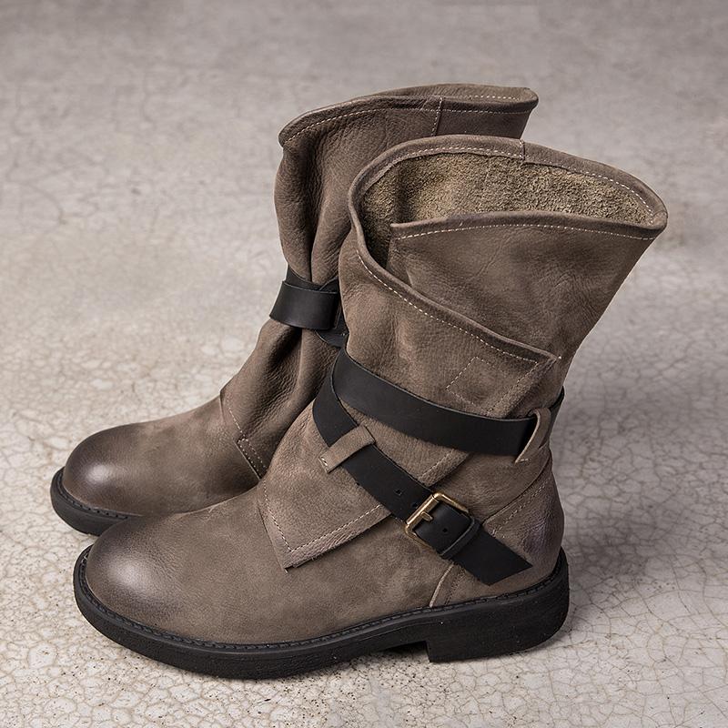 Womens Retro Leather Mid Calf Boots for Winter Buckles Boots in Coffee/Black/Grey/Deep Grey