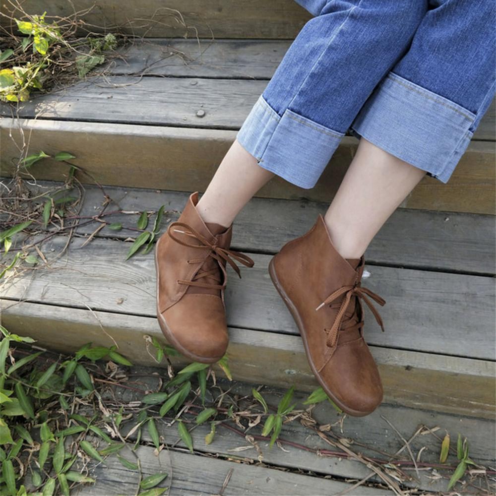 Leather Women Ankle Booties Lace-Up Casual Shoes Flats