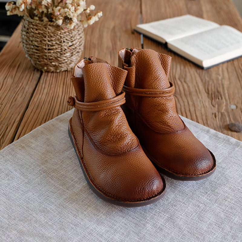 Retro Genuine Leather Soft Flat Boots For Women Round Toe Mori Girl Style Brown/Coffee