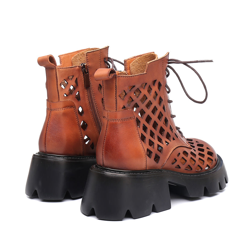 Handmade Genuine Leather Hollow Out Boots Women Summer Boots Side Zipper Chunky Heels Black/Brown