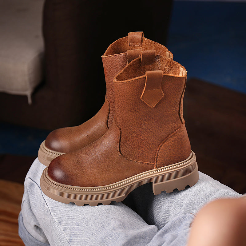 Cowhide Boots Women Comfy Zip Walking Boots Brown/Black/Coffee