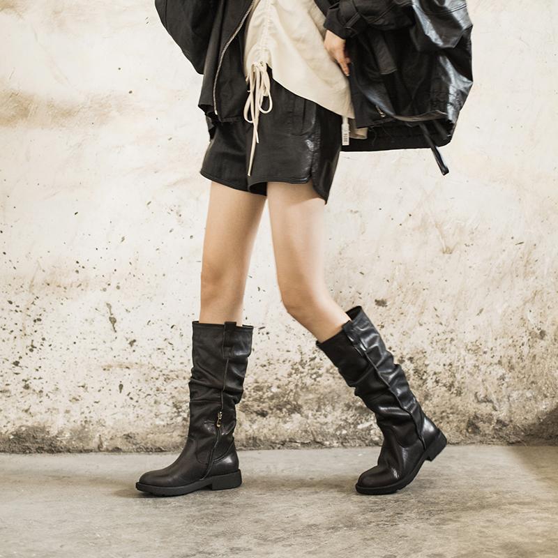 Waxing Leather Knee High Boots Fold Design Riding Boots Black/Brown