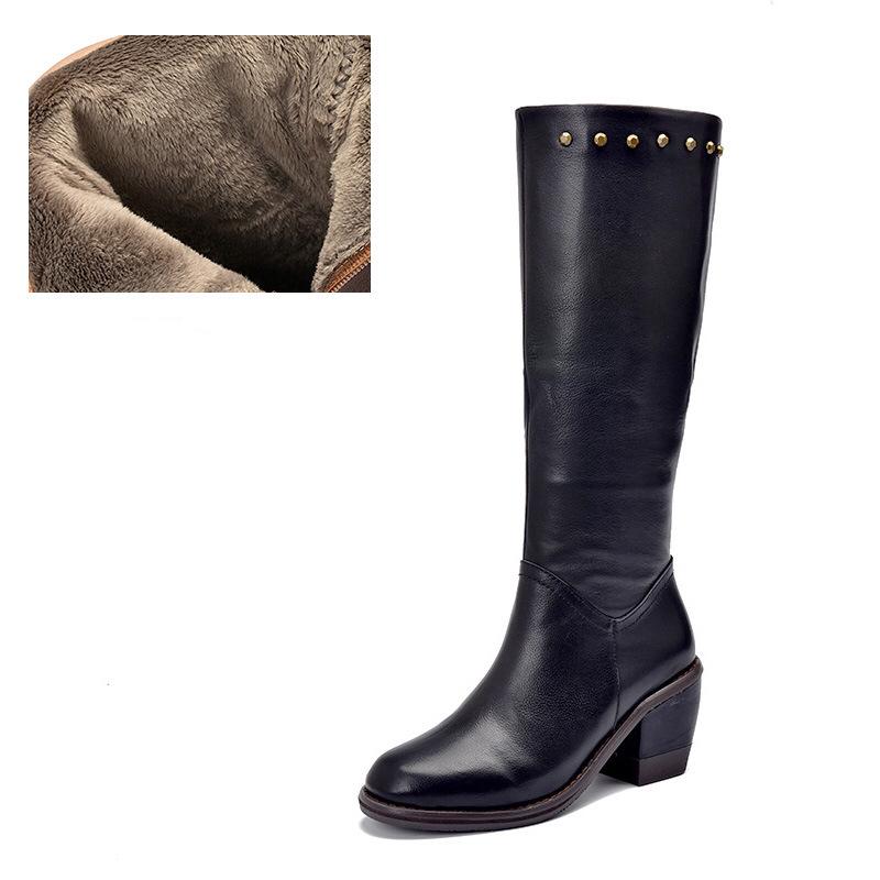 Handmade Leather Knee High Boots Block Heel Biker Boots Retro Rivet